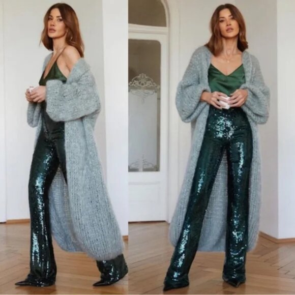 ZARA NWT BLOGGER FAVE Emerald Green Sequin Flare Leg Pants Holiday Pants. M - Picture 2 of 5